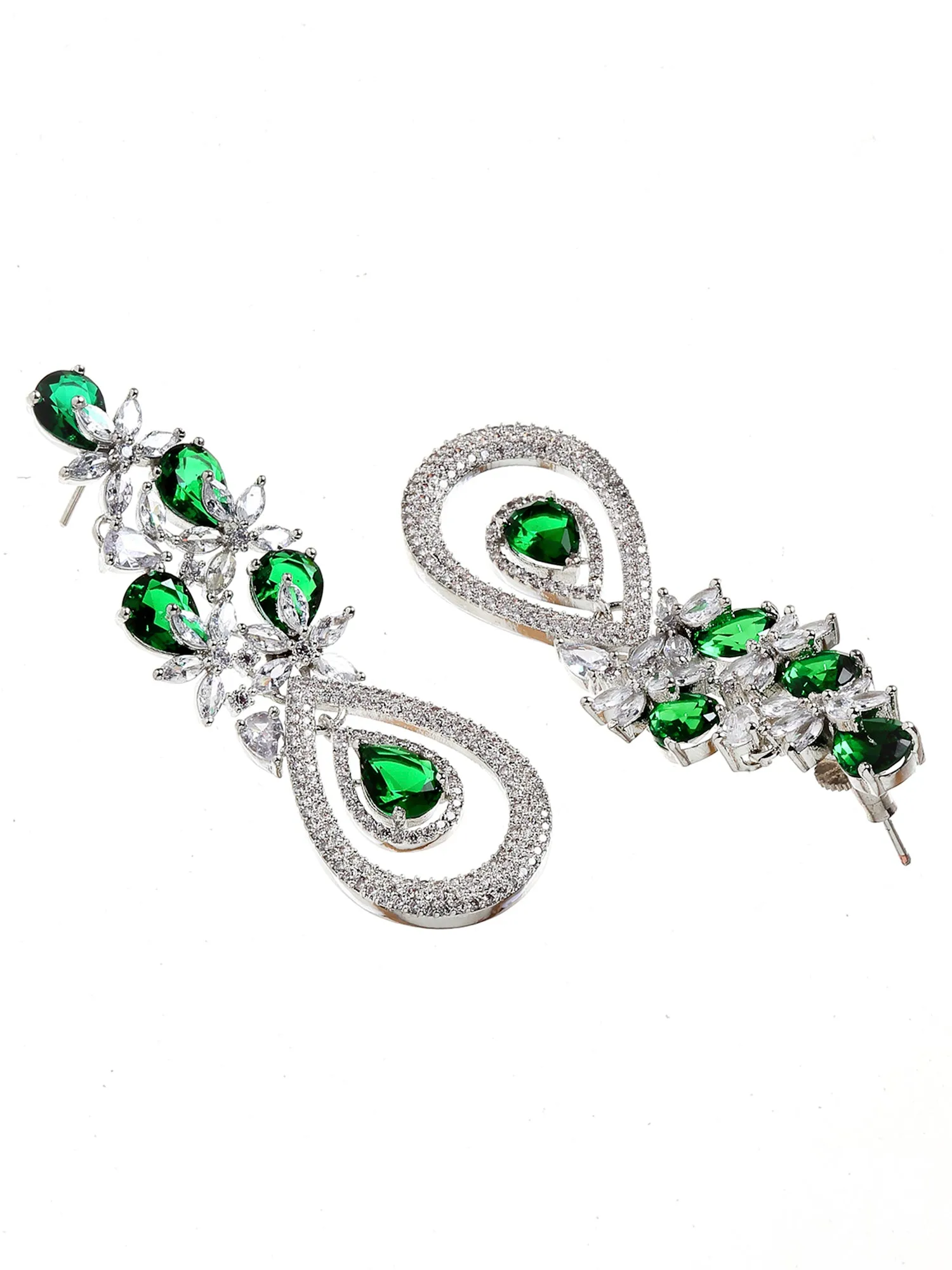 Silver Plated Green CZ and American Diamond Studded Dangler Earrings