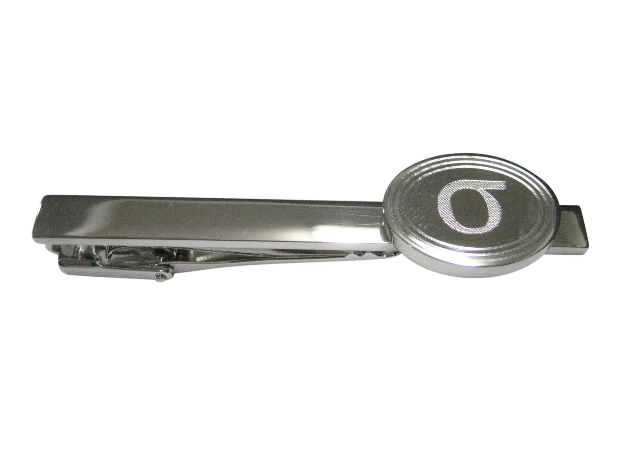 Silver Toned Etched Oval Greek Lowercase Letter Sigma Tie Clip