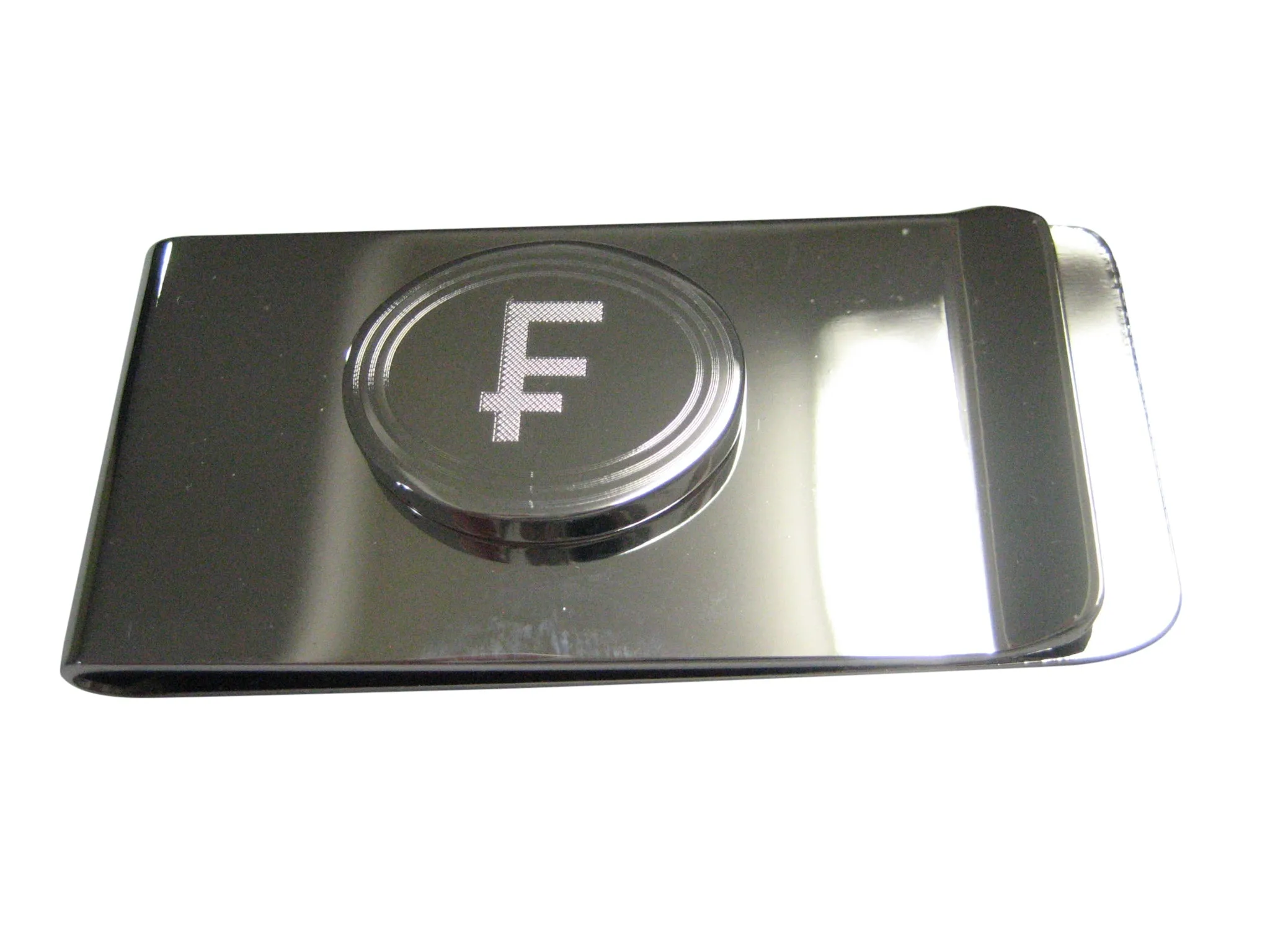 Silver Toned Etched Oval Swiss Franc Currency Sign Money Clip