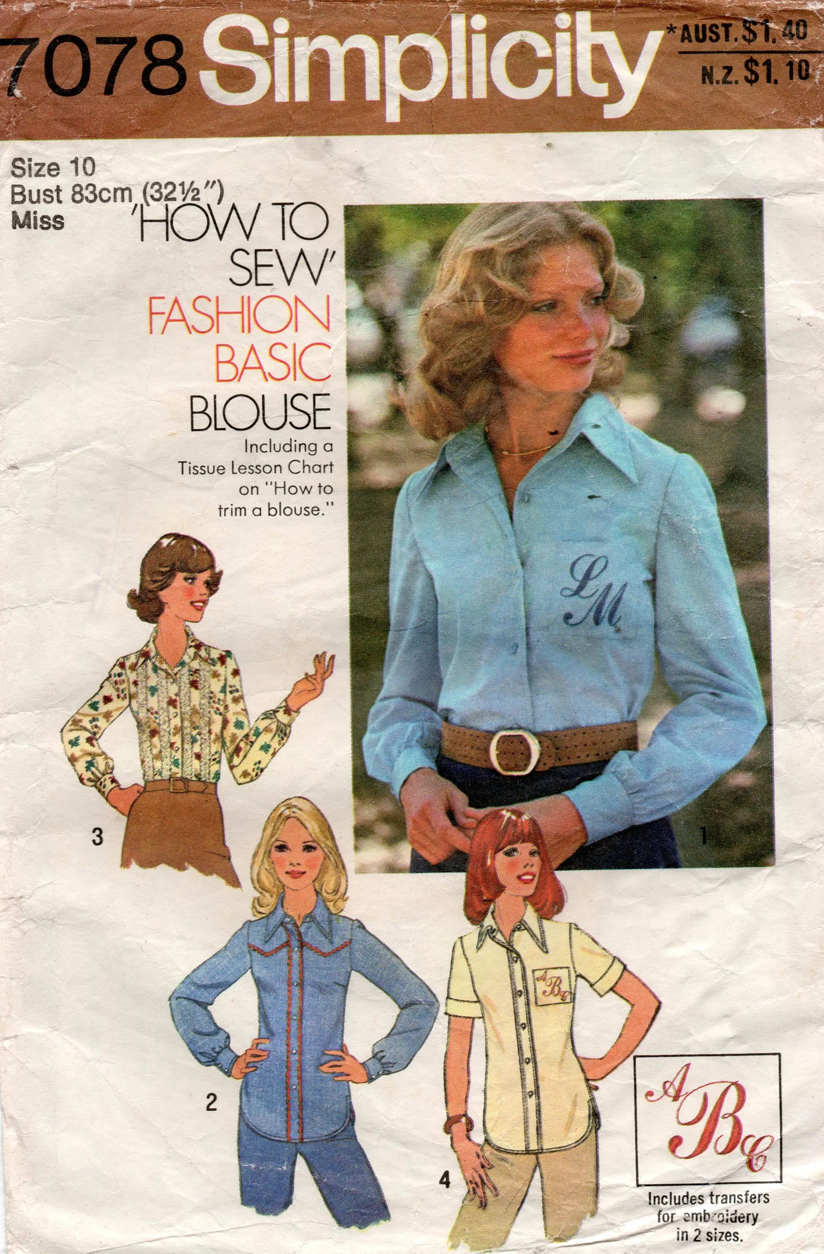 Simplicity 7078 Womens Monogram Shirt 1970s Vintage Sewing Pattern Size 10 Bust 32.5 inches