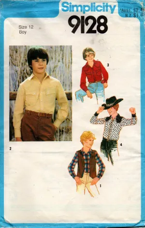 Simplicity 9128 Teen Boys Western Shirt & Reversible Vest 1970s Vintage Sewing Pattern Size 12 UNCUT Factory Folded