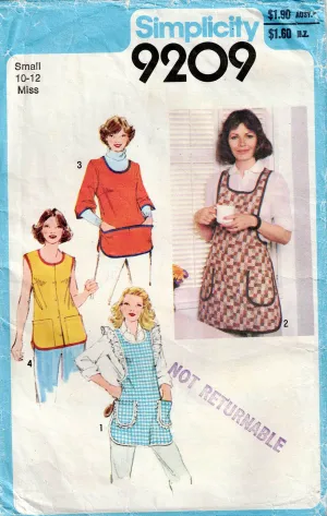 Simplicity 9209 Womens EASY Pullover Craft Aprons with Pockets 1970s Vintage Sewing Pattern Size SMALL 10 - 12