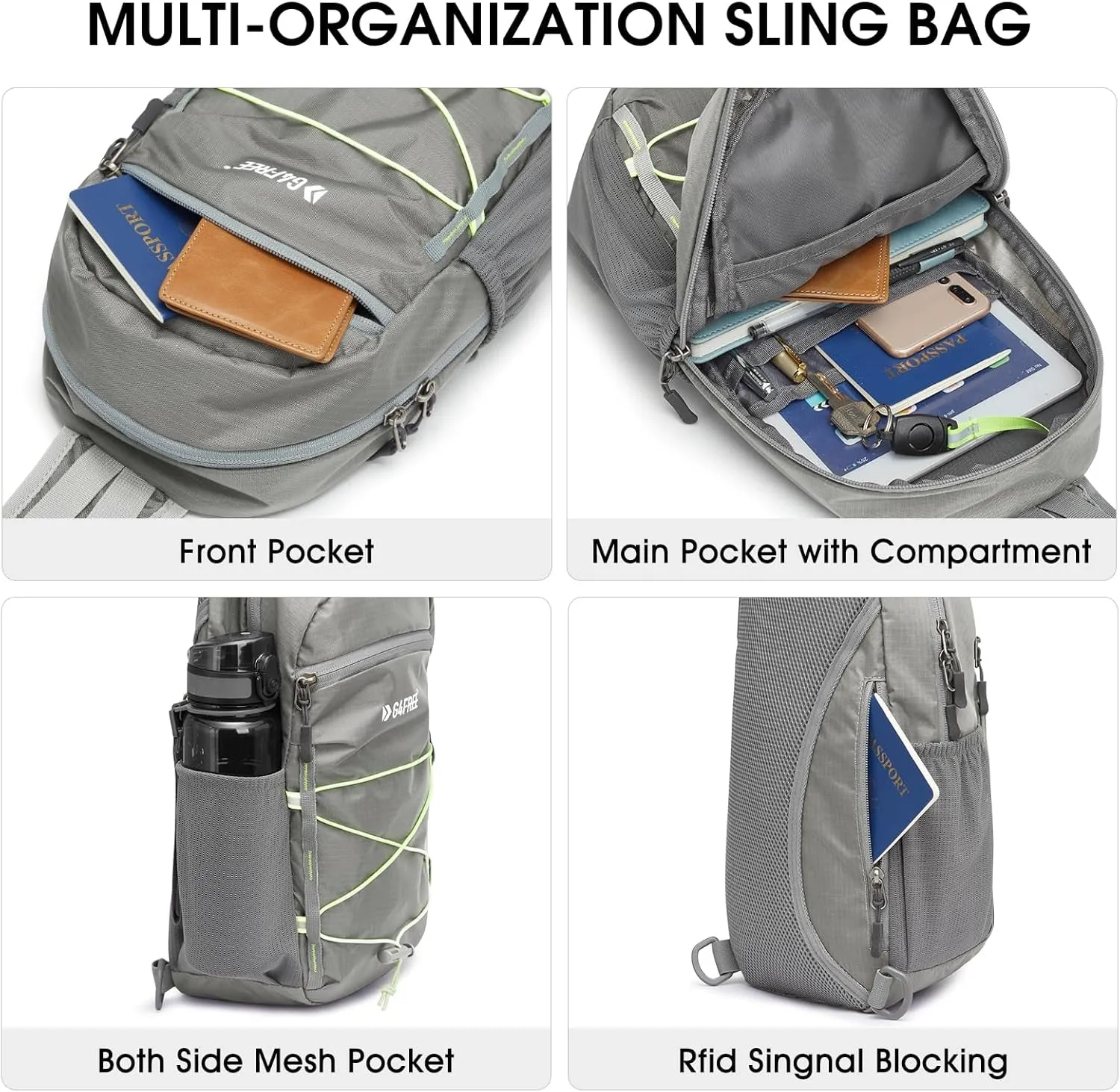 Sling Bag Backpack RFID Blocking Crossbody with Front Pocket Hiking Daypack Outdoor Chest Bag for Women Men