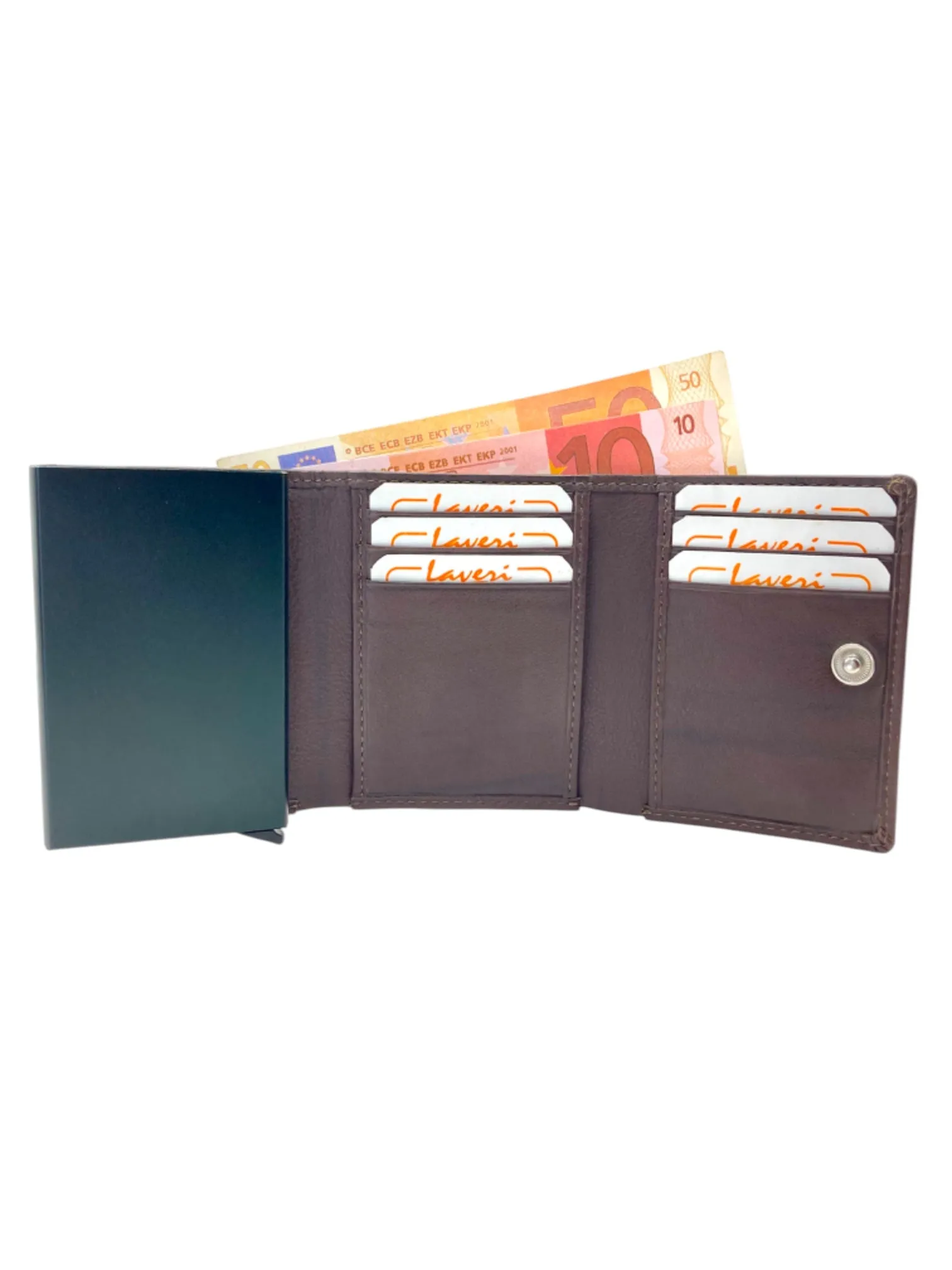 Smart Pop-Up Metallic Card Holder Tri-Fold Wallet in Leather # TRI - 4522.NEW-Buton