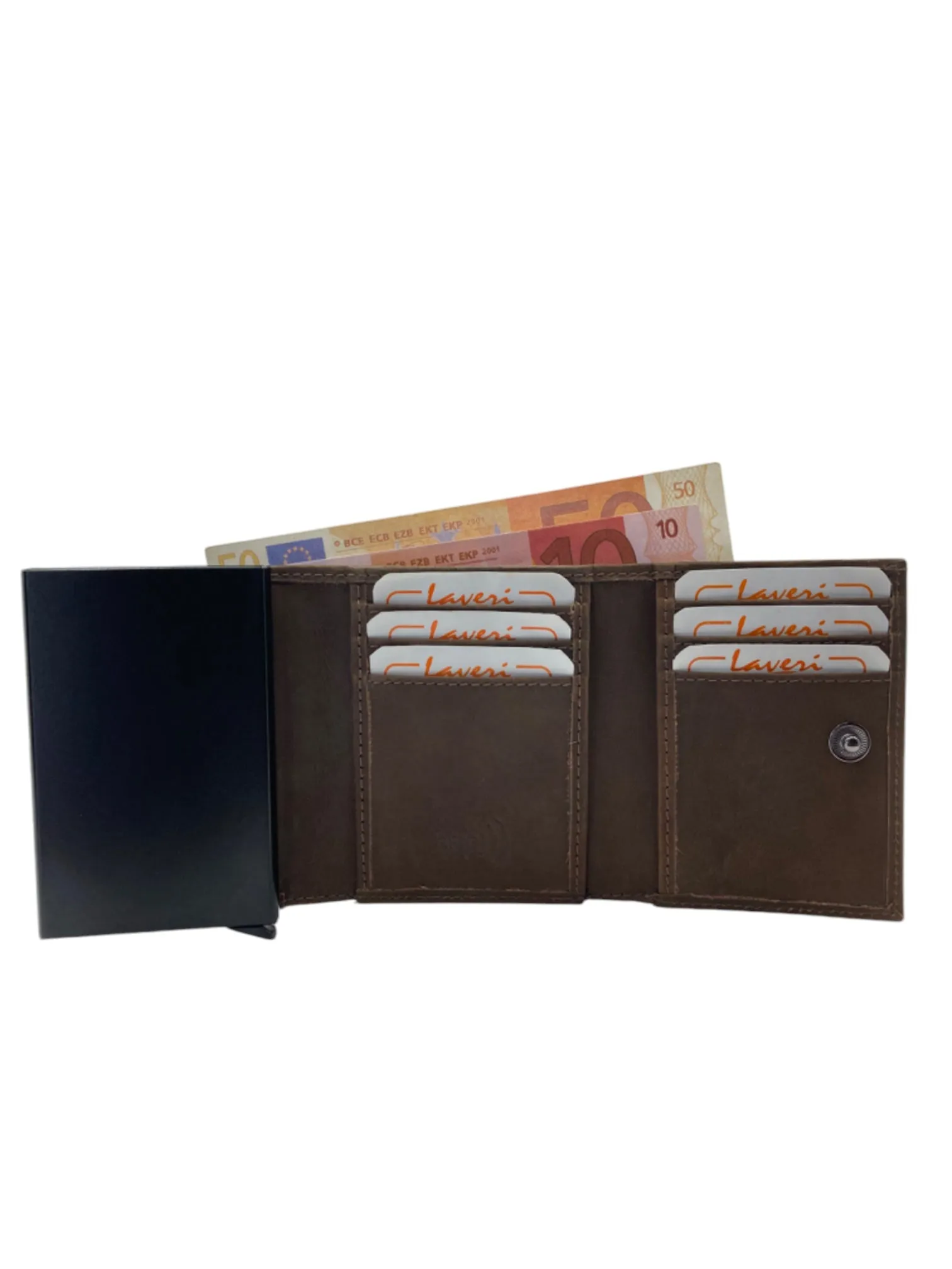 Smart Pop-Up Metallic Card Holder Tri-Fold Wallet in Leather # TRI - 4522.NEW-Buton