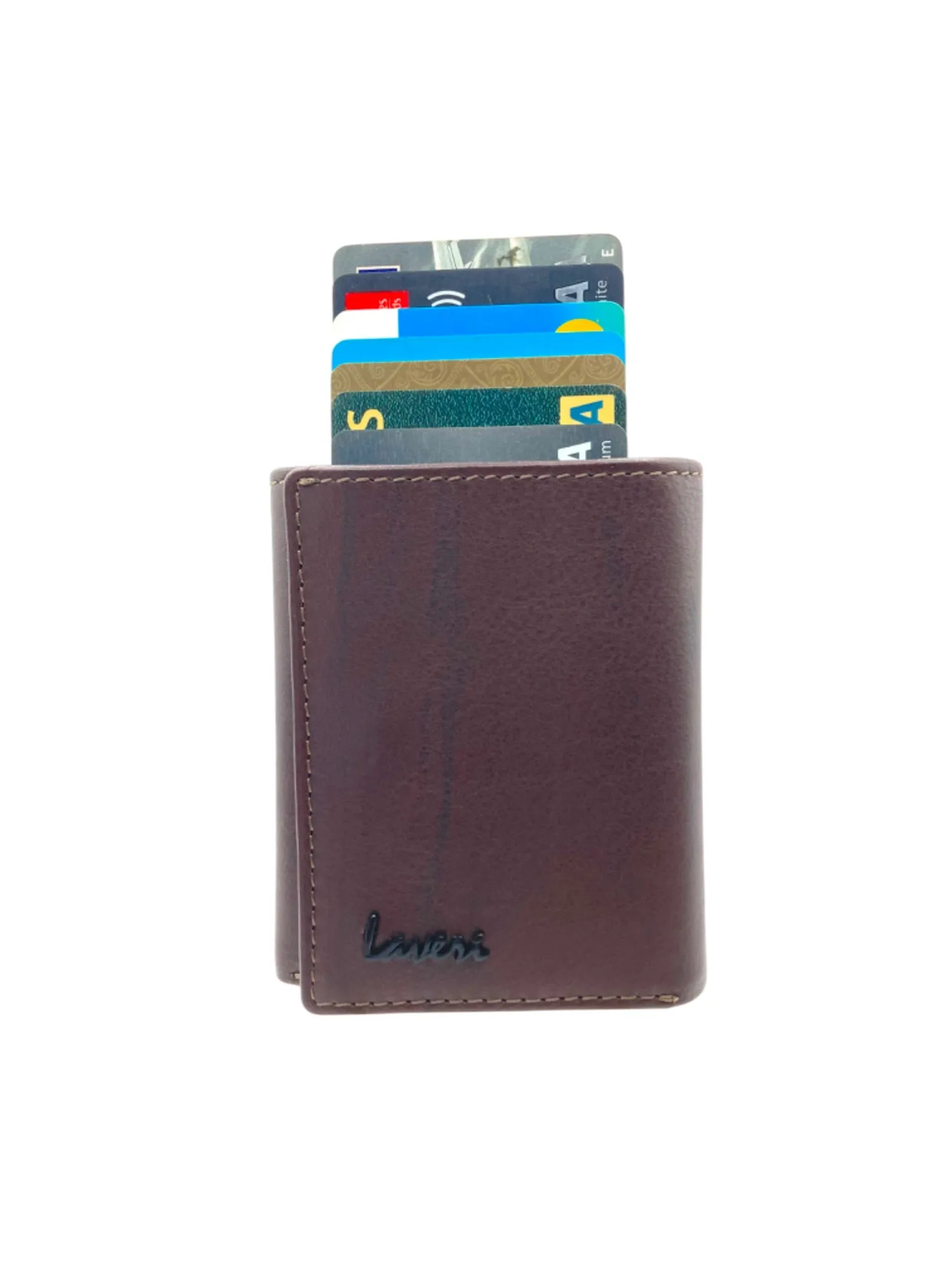 Smart Pop-Up Metallic Card Holder Tri-Fold Wallet in Leather # TRI - 4522.NEW-Buton