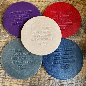 Snarky assorted color embossed leather coasters, sets of 5