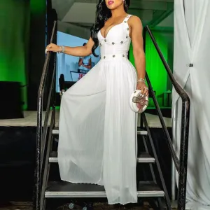Solid Sleeveless Beaded Spaghetti Strap Loose Jumpsuit