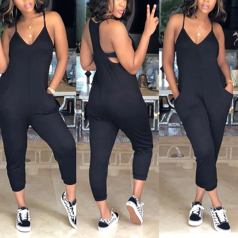 Solid Sleeveless V Neck Pocket Design Jumpsuit