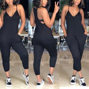 Solid Sleeveless V Neck Pocket Design Jumpsuit
