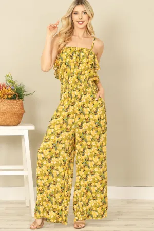SPAGHETTI STRAP RUFFLE DETAIL SIDE POCKET PRINTED JUMPSUIT