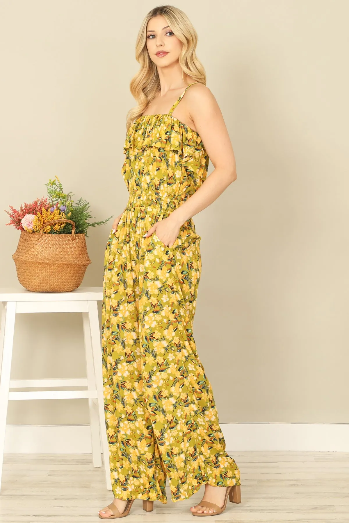 SPAGHETTI STRAP RUFFLE DETAIL SIDE POCKET PRINTED JUMPSUIT