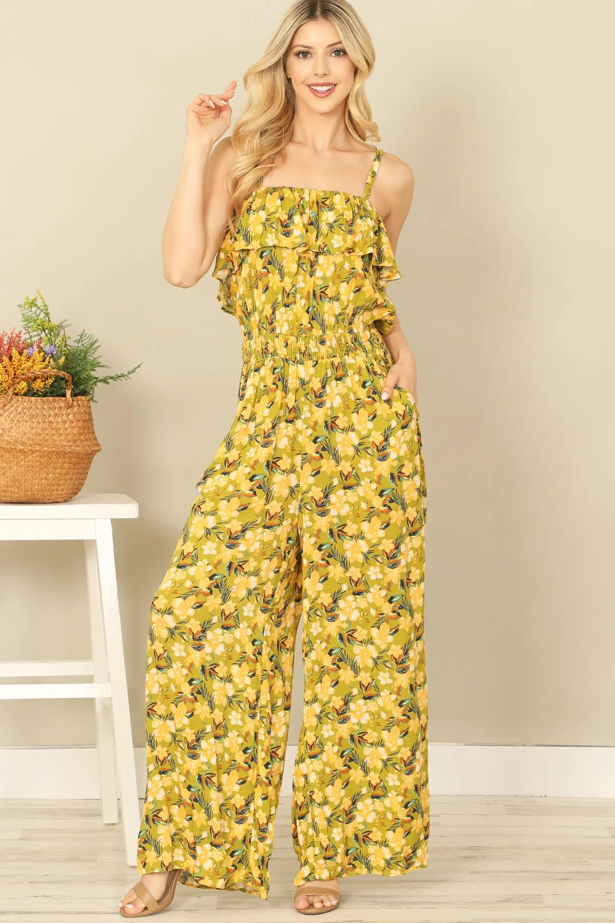 SPAGHETTI STRAP RUFFLE DETAIL SIDE POCKET PRINTED JUMPSUIT