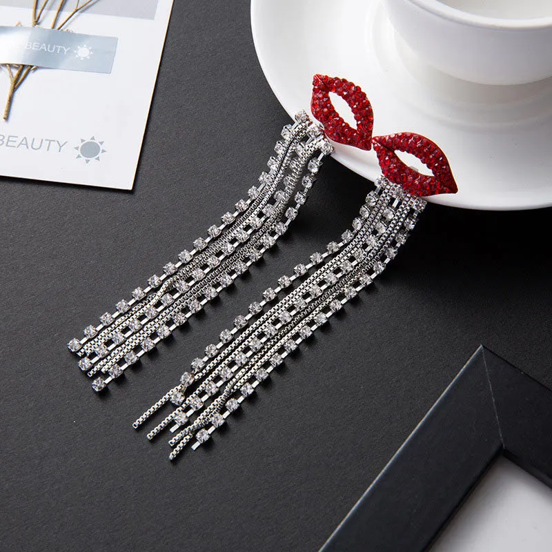 Studded Lip Pattern Tassel Design Earrings