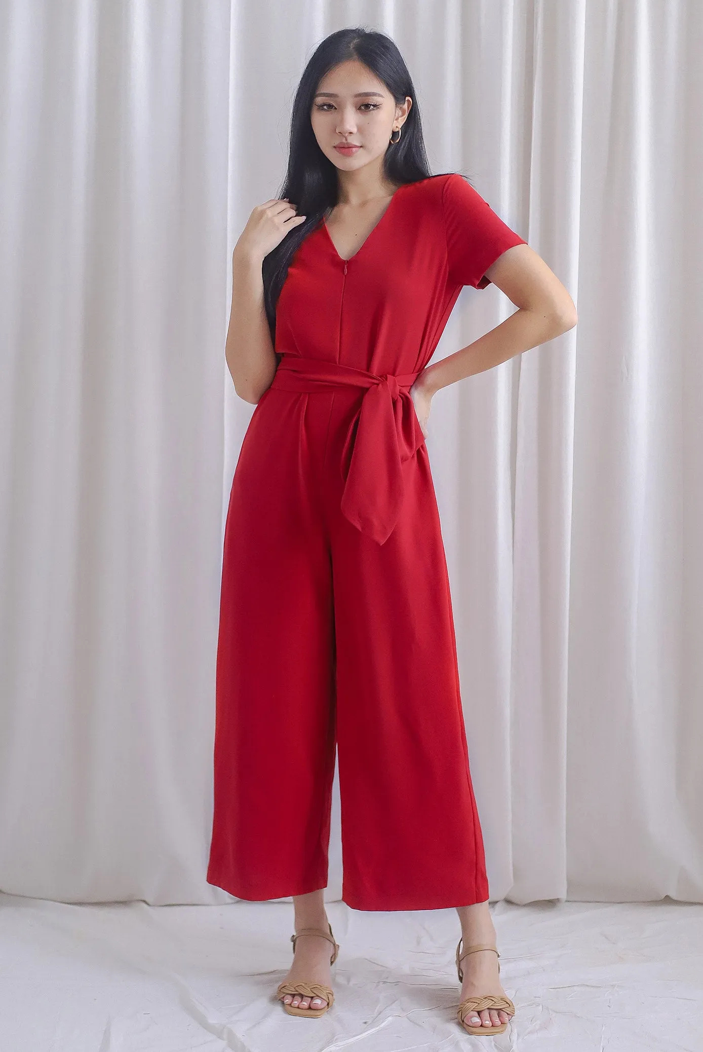 TDC Chaperel V Neck Jumpsuit In Red