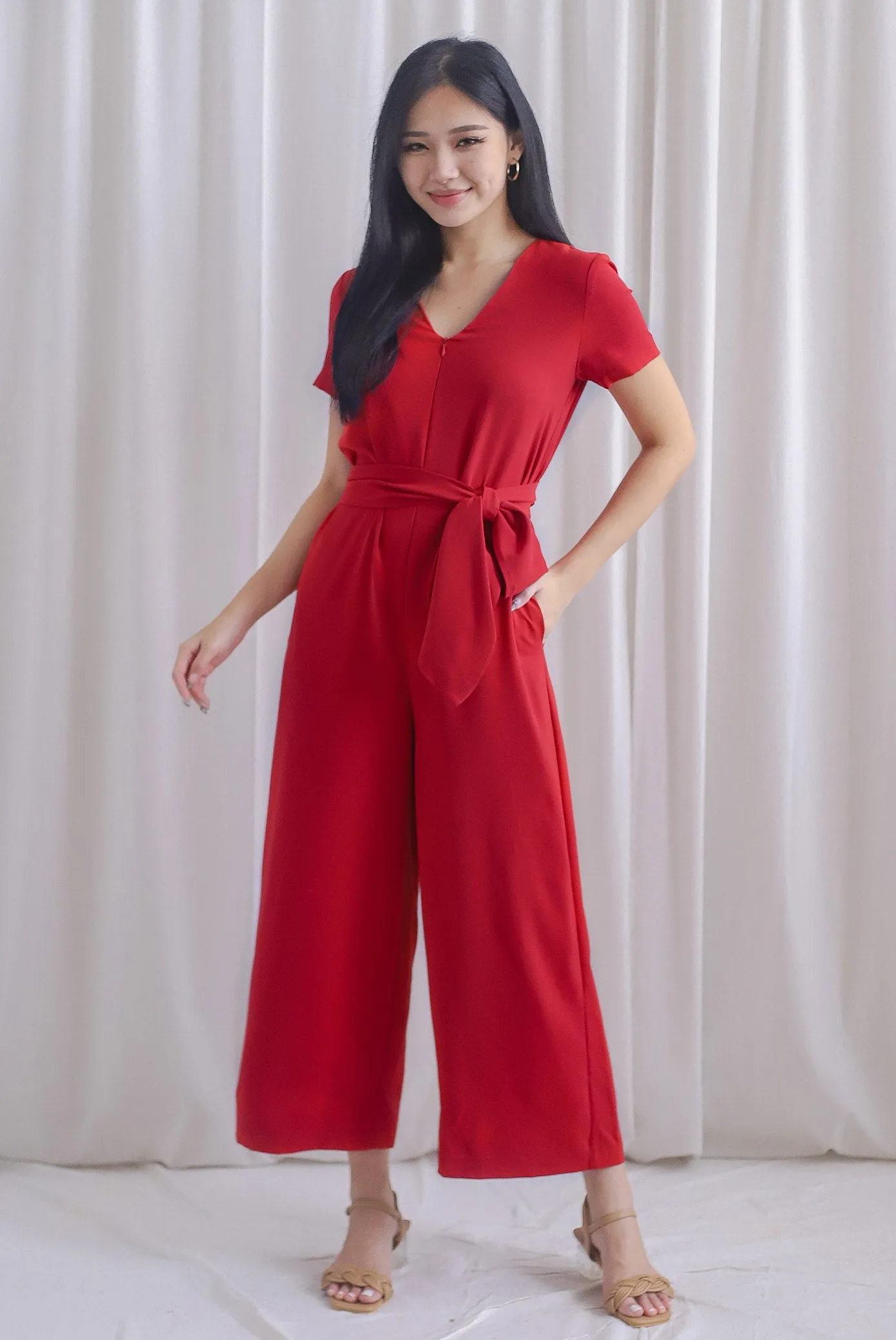 TDC Chaperel V Neck Jumpsuit In Red