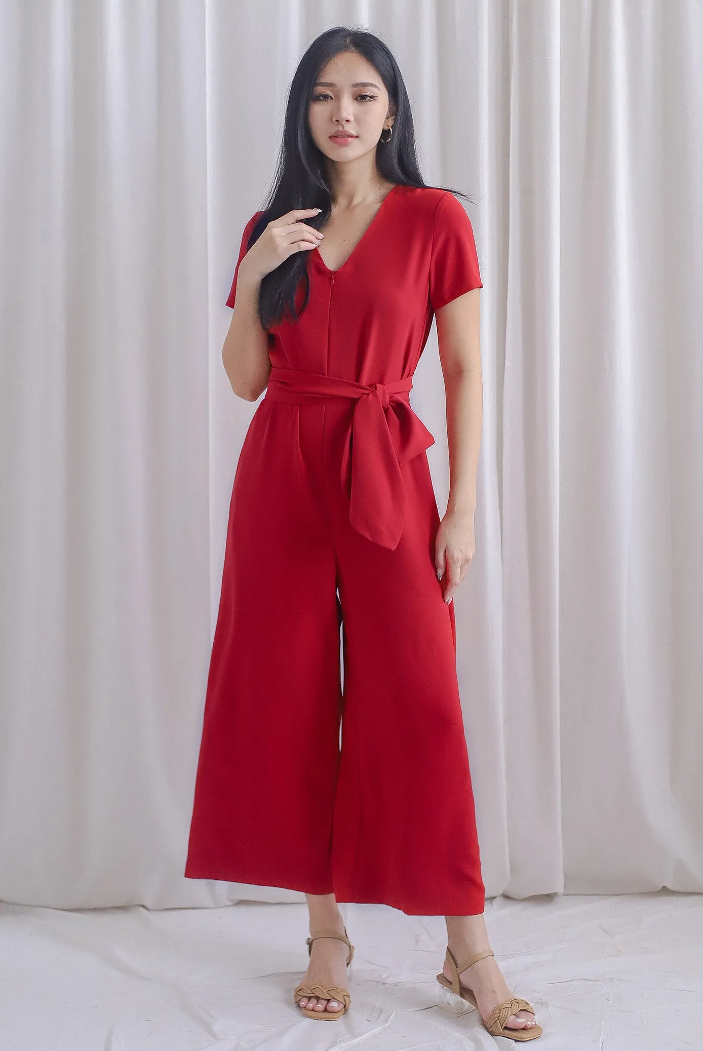 TDC Chaperel V Neck Jumpsuit In Red