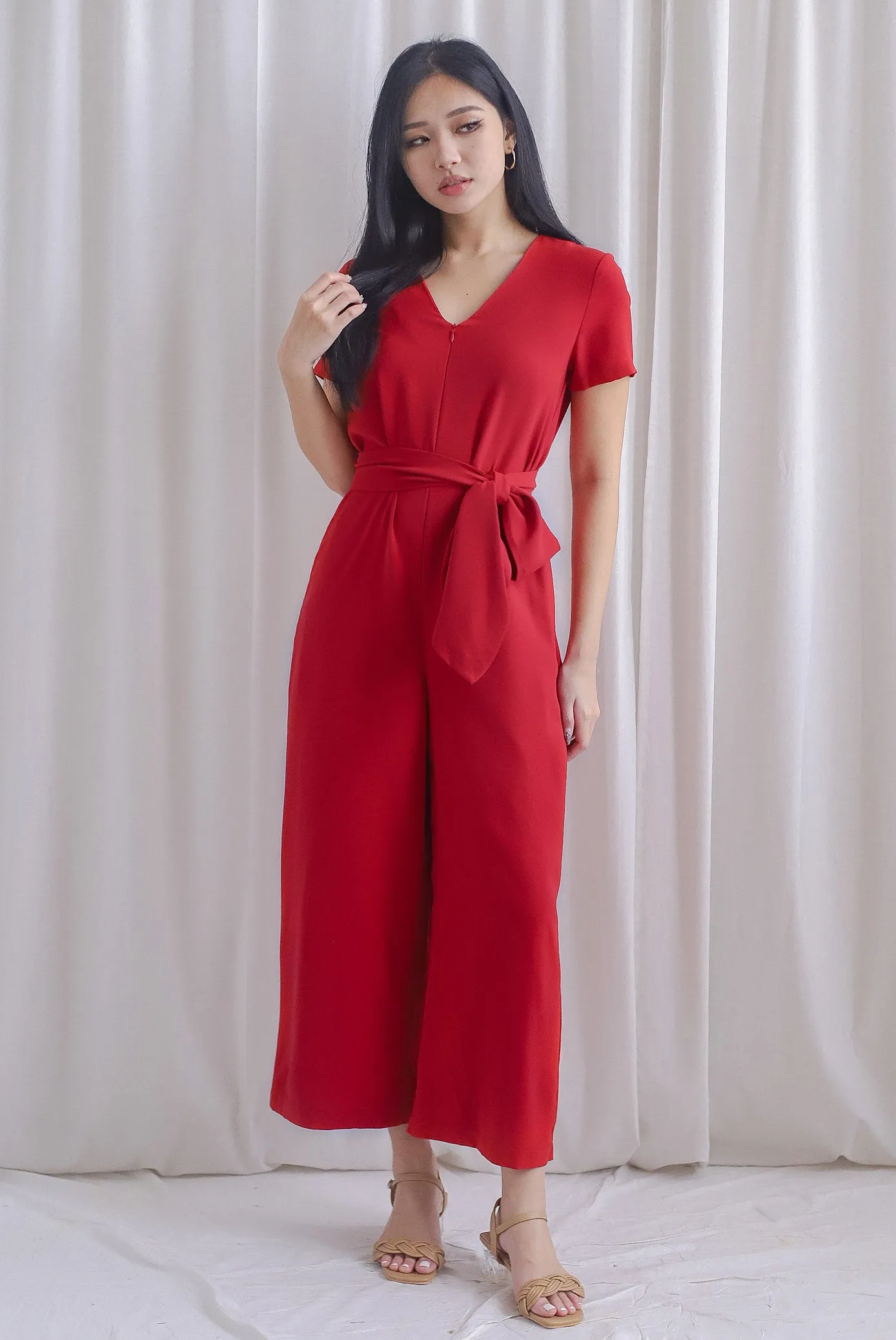 TDC Chaperel V Neck Jumpsuit In Red