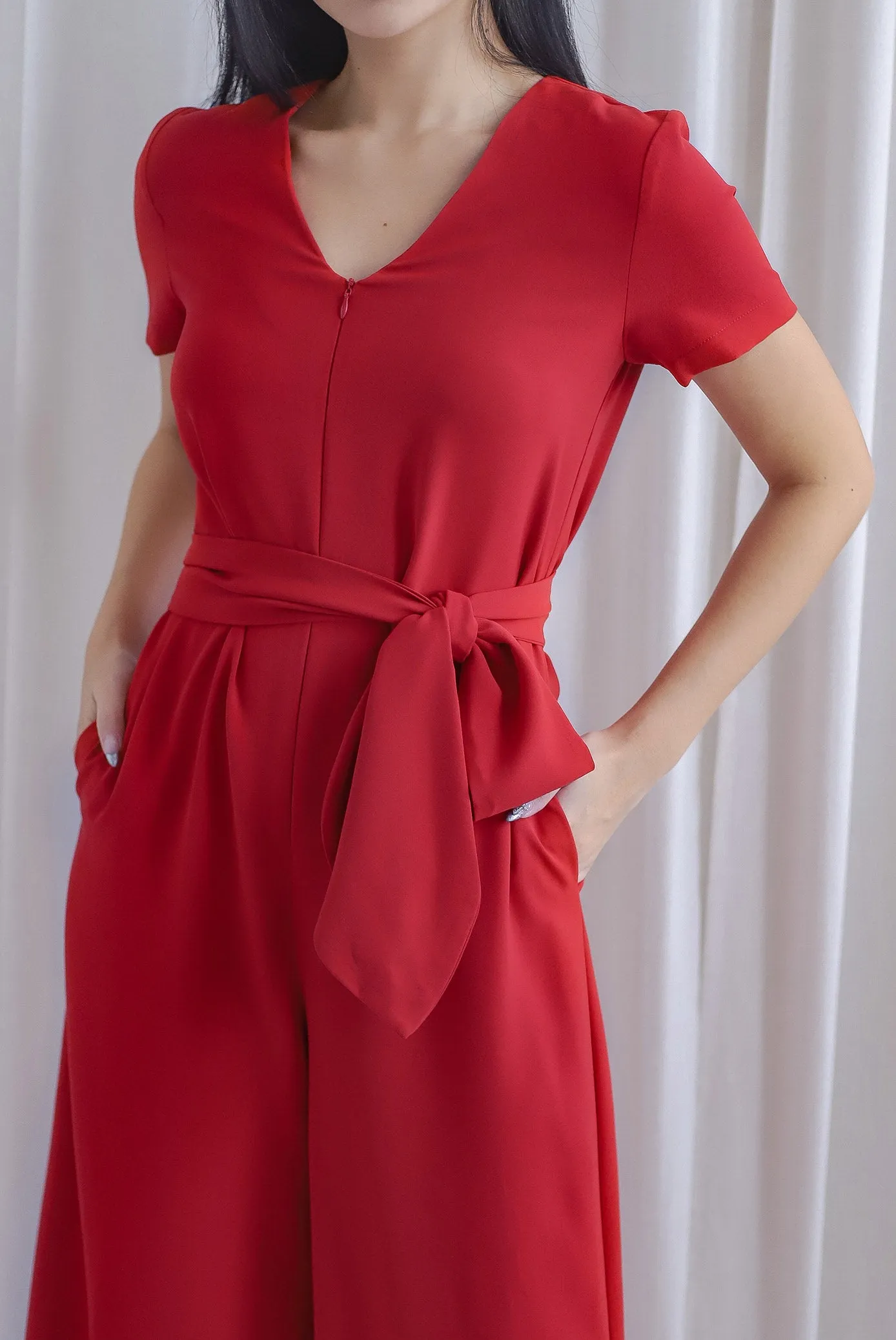 TDC Chaperel V Neck Jumpsuit In Red