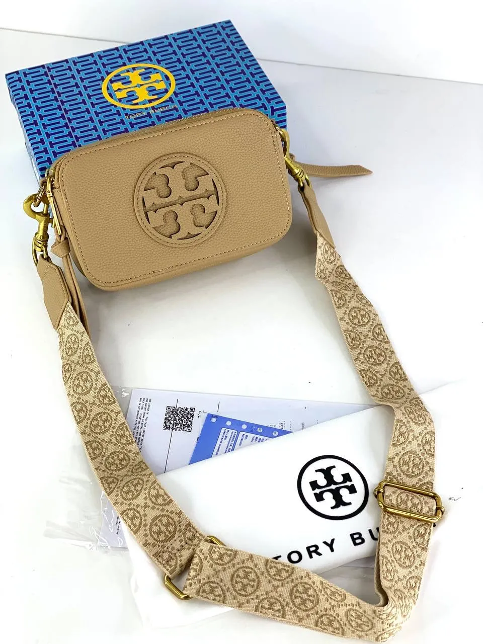 Tory Burch Camera Bag with Embossed Logo and Patterned Strap