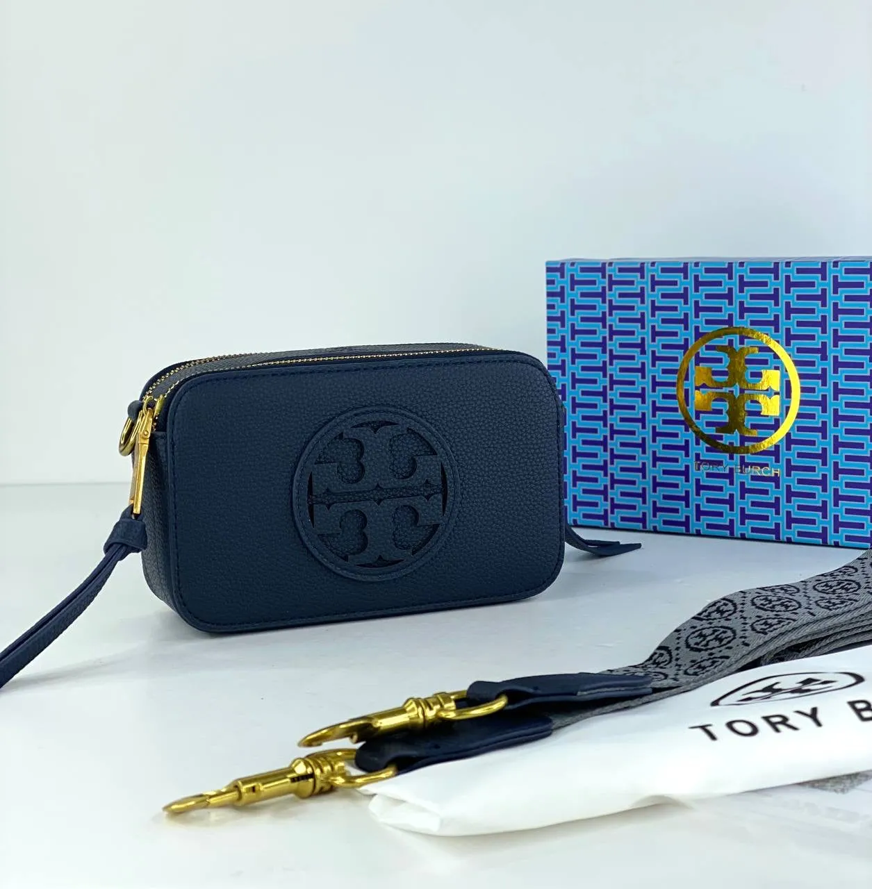 Tory Burch Camera Bag with Embossed Logo and Patterned Strap