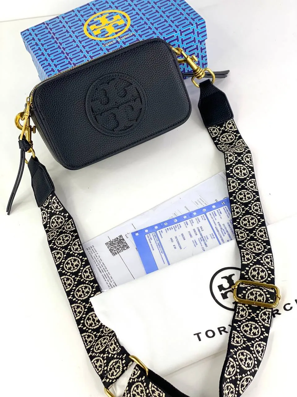 Tory Burch Camera Bag with Embossed Logo and Patterned Strap