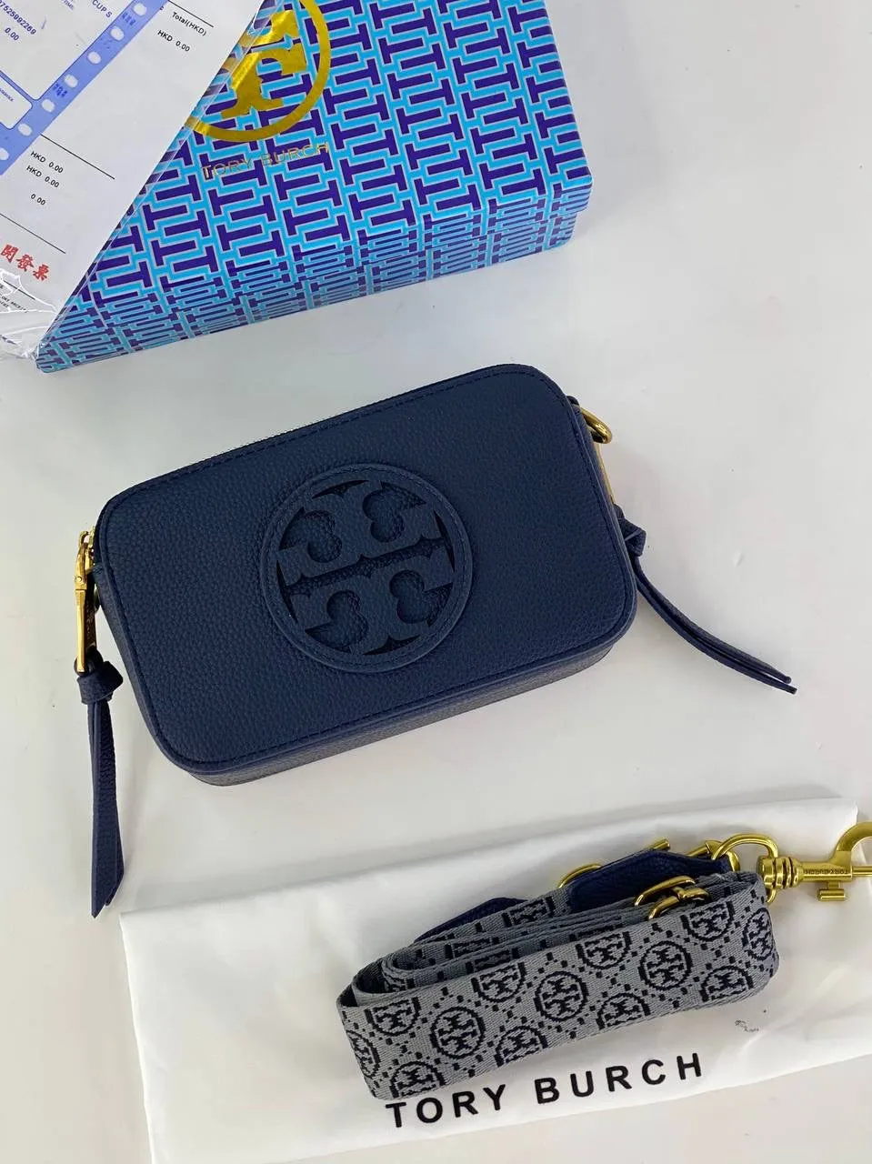 Tory Burch Camera Bag with Embossed Logo and Patterned Strap