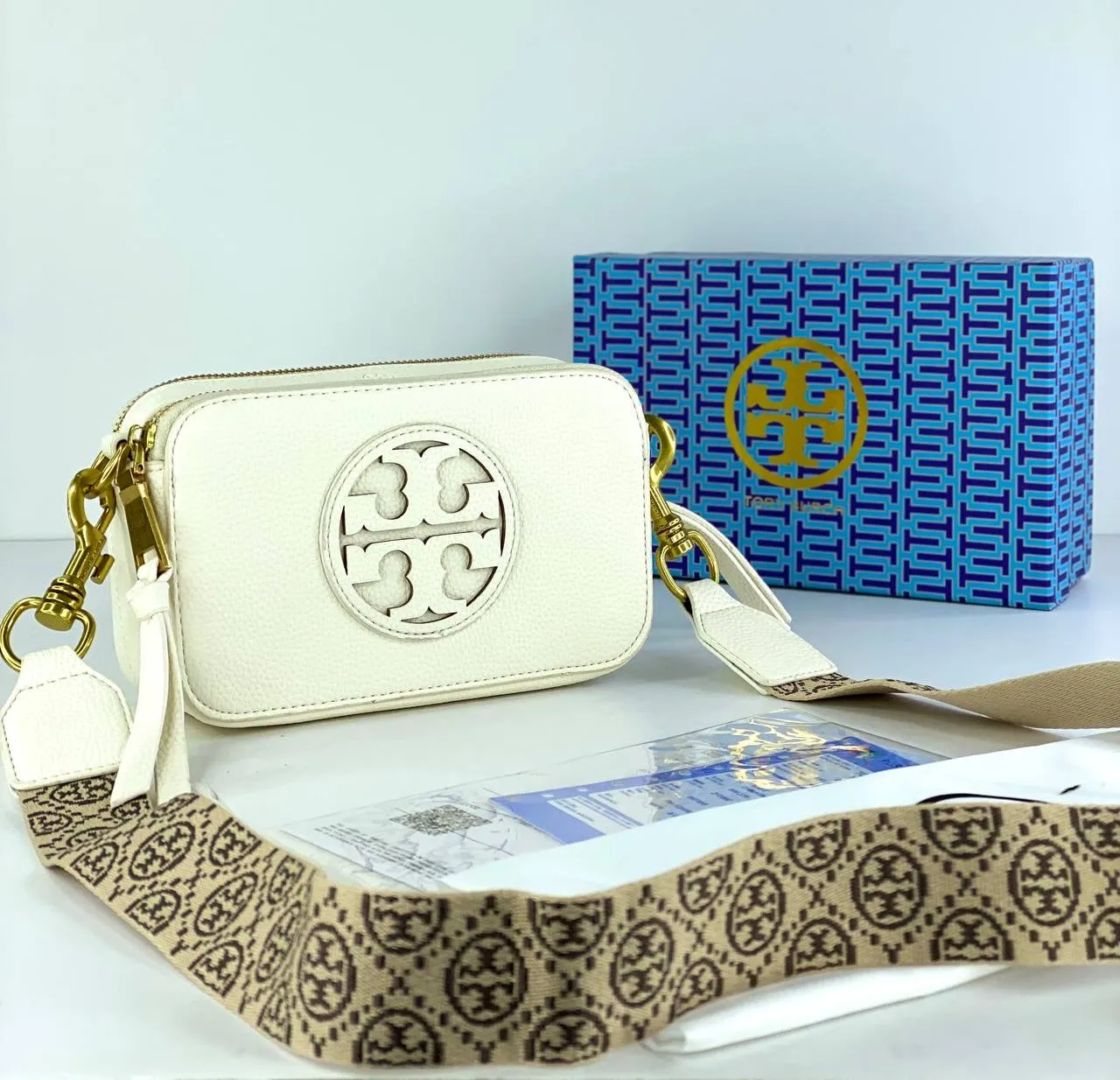 Tory Burch Camera Bag with Embossed Logo and Patterned Strap