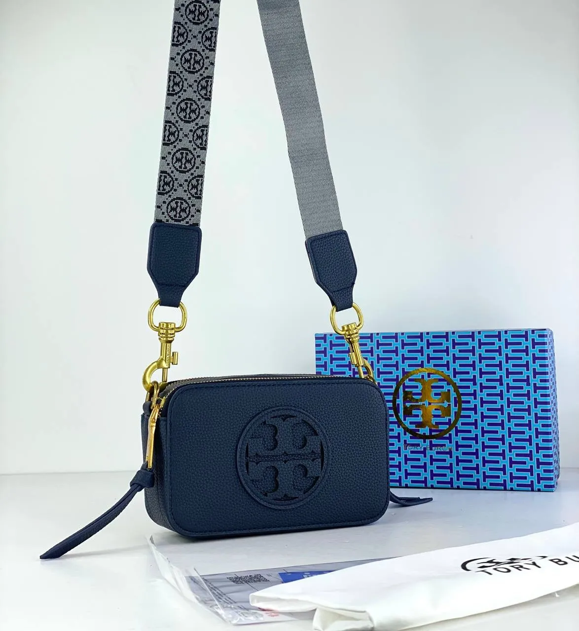 Tory Burch Camera Bag with Embossed Logo and Patterned Strap