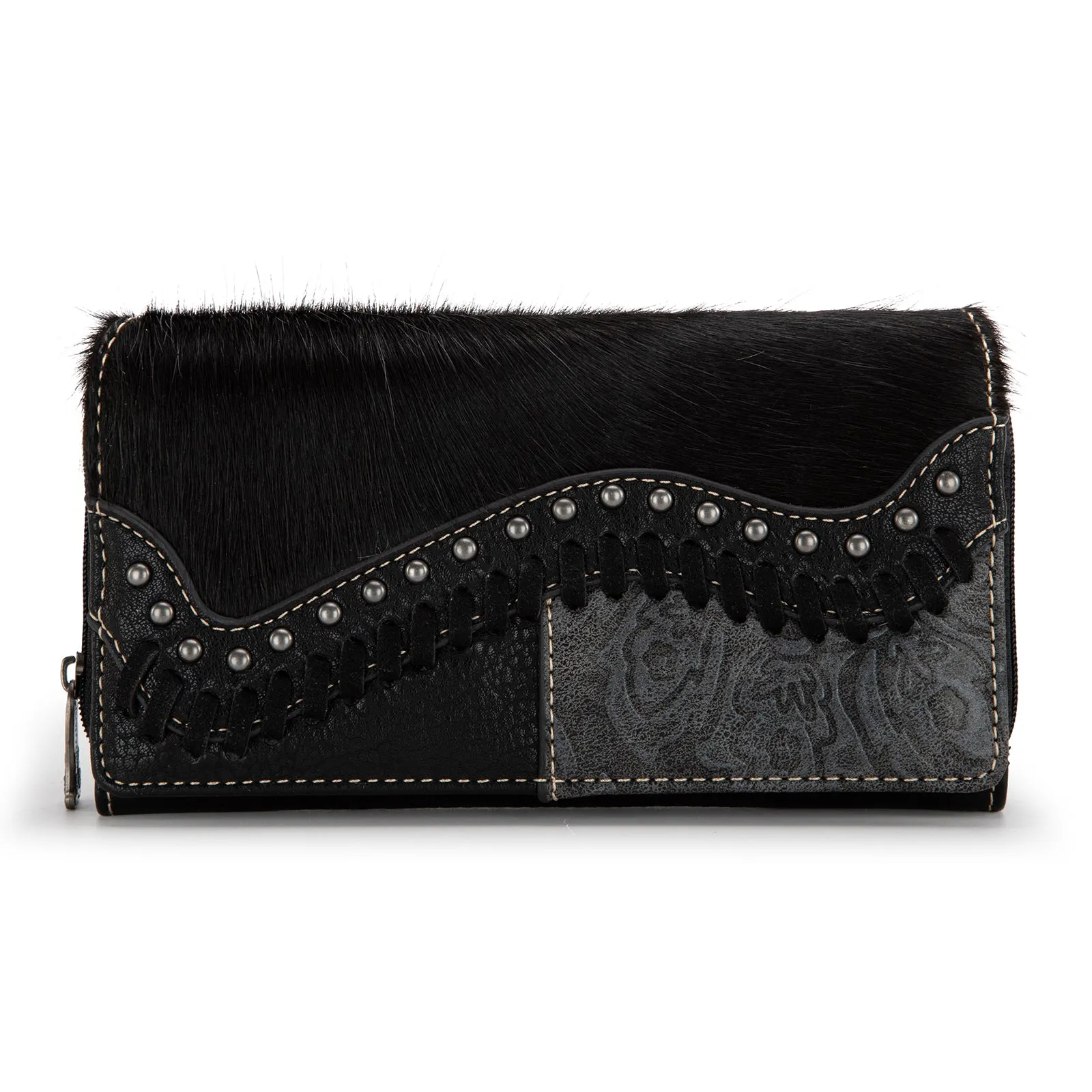 TR149-W010 Trinity Ranch Hair-On Cowhide Saddle Shape Collection Wallet - Black