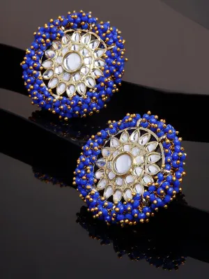 Traditional Blue Crystal Studded Gold Plated Kundan Stud Earrings