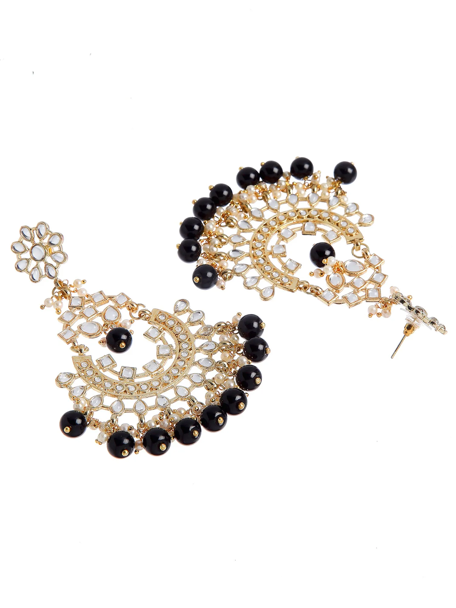 Traditional Gold Plated Black Beads Studded Kundan Chandbali Earrings