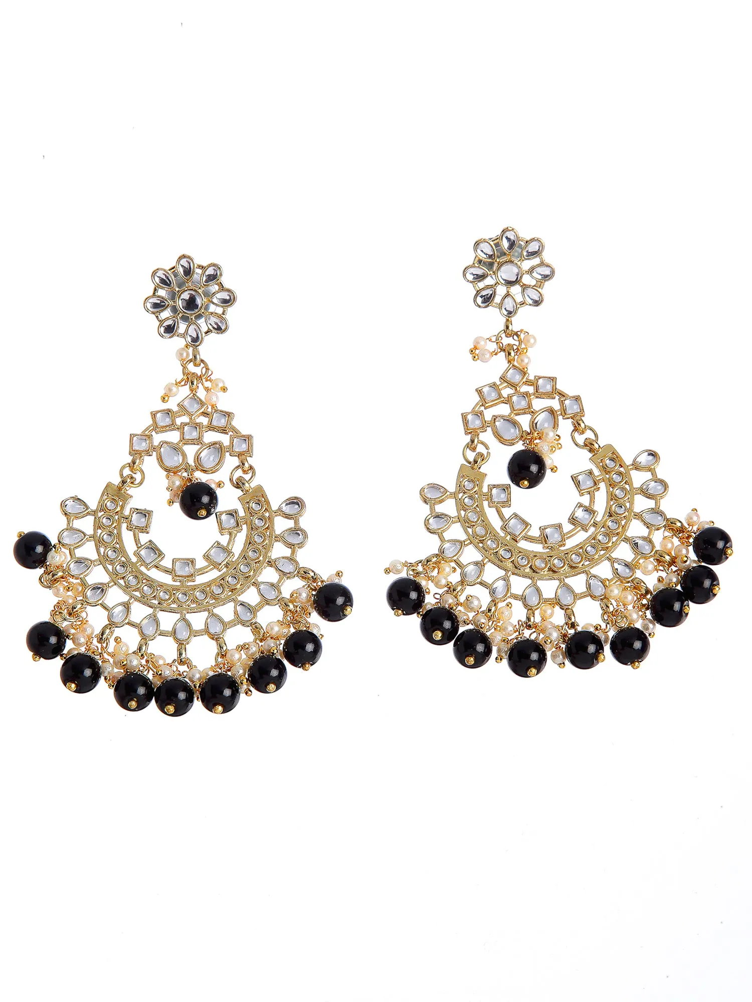 Traditional Gold Plated Black Beads Studded Kundan Chandbali Earrings