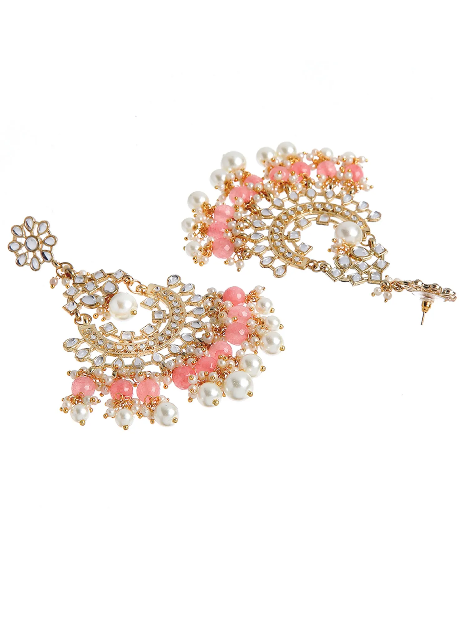 Traditional Gold Plated Peach Beads Studded Kundan Chandbali Earrings