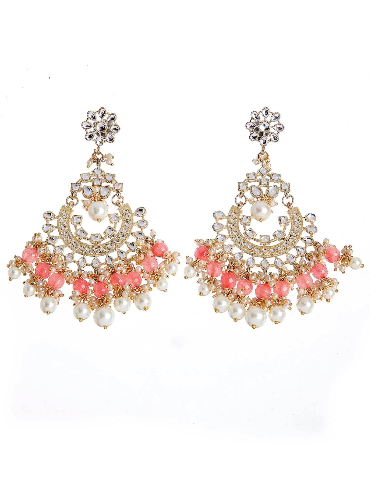 Traditional Gold Plated Peach Beads Studded Kundan Chandbali Earrings