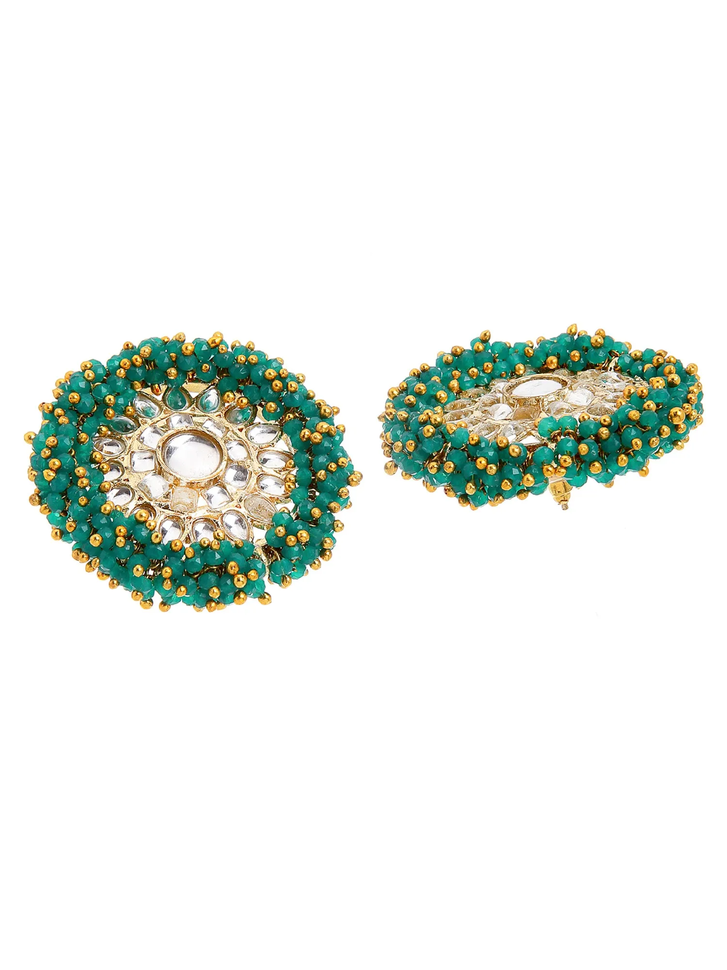 Traditional Green Crystal Studded Gold Plated Kundan Stud Earrings