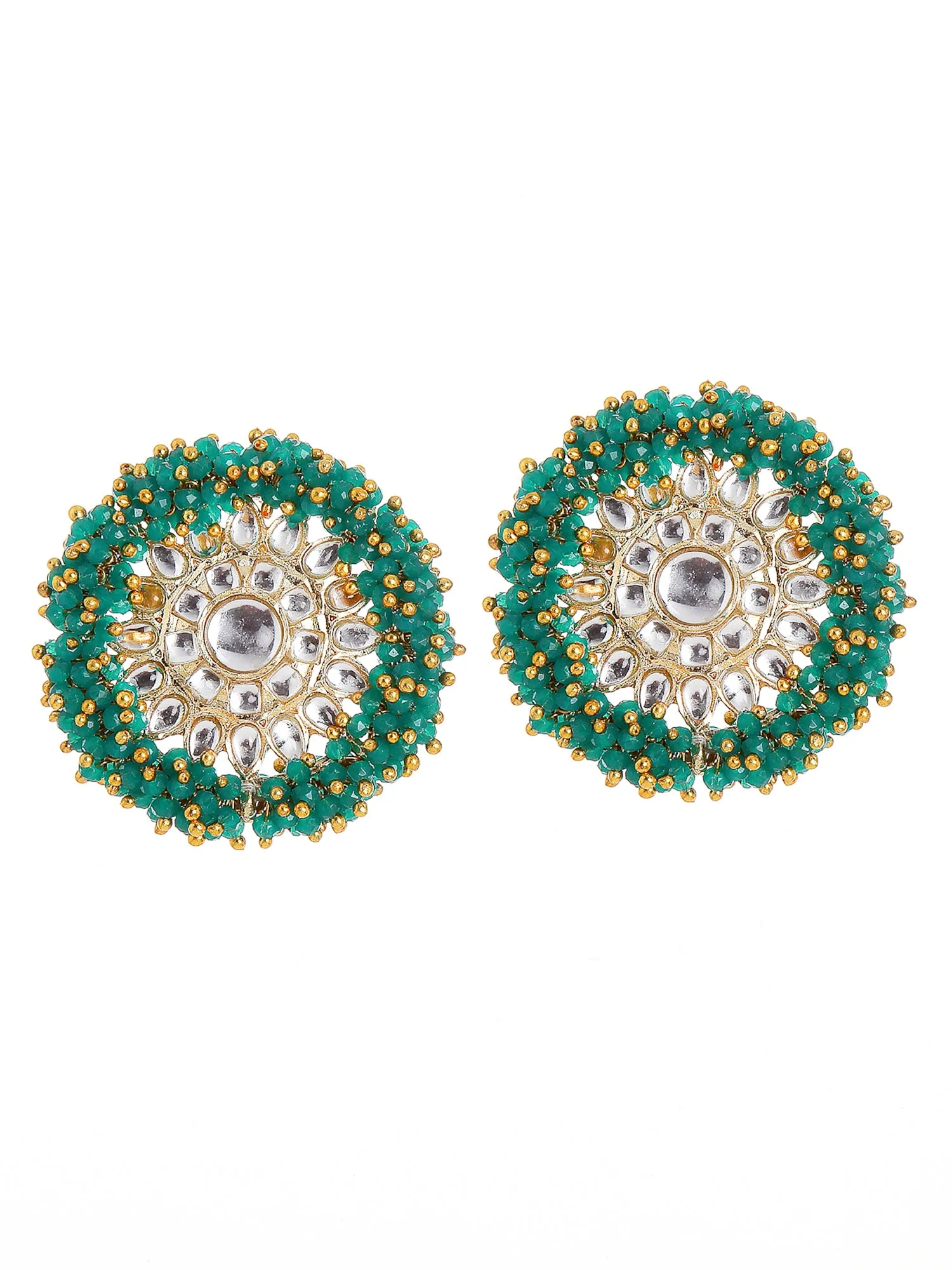 Traditional Green Crystal Studded Gold Plated Kundan Stud Earrings
