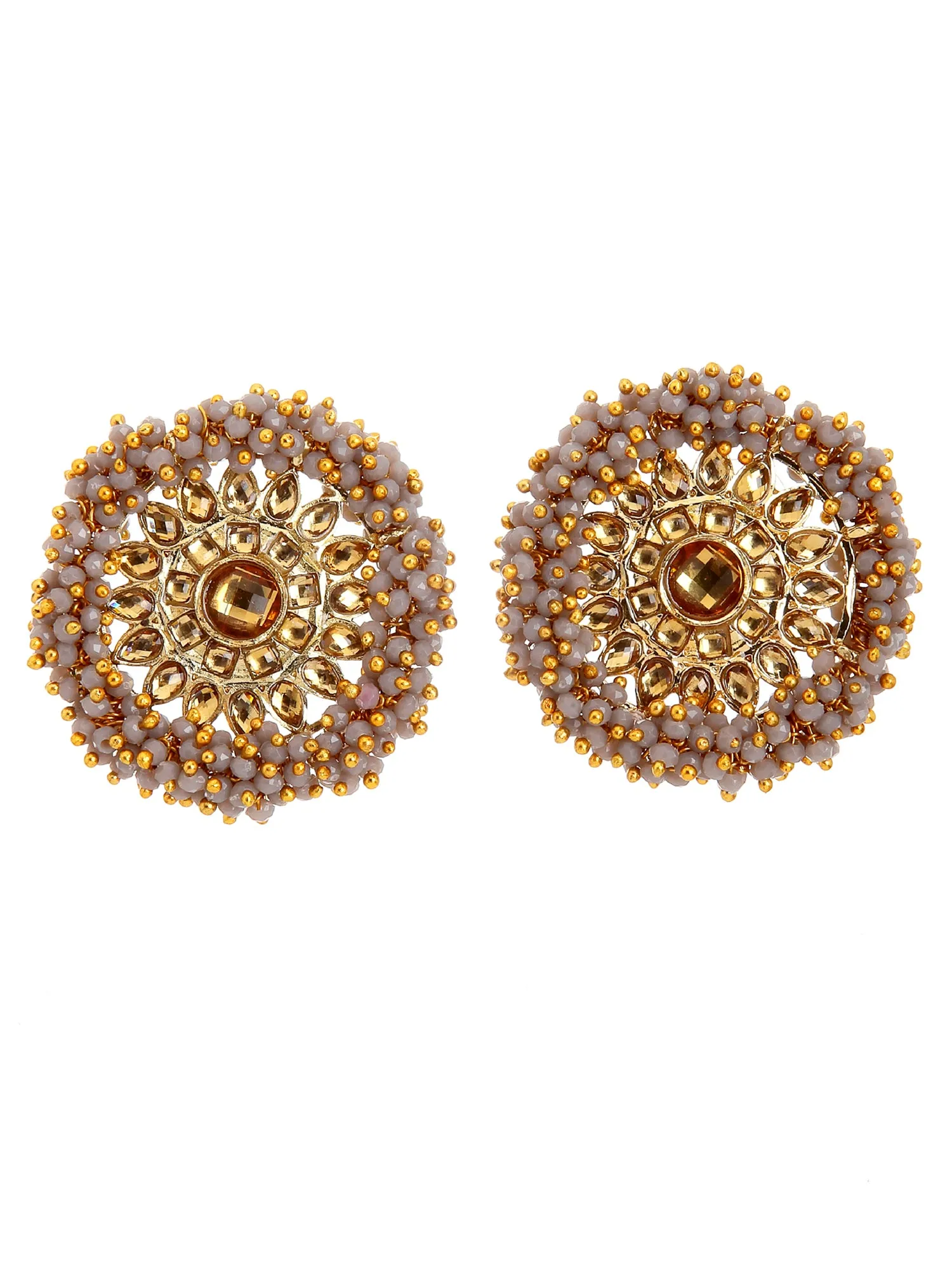 Traditional Grey Crystal Studded Gold Plated Kundan Stud Earrings