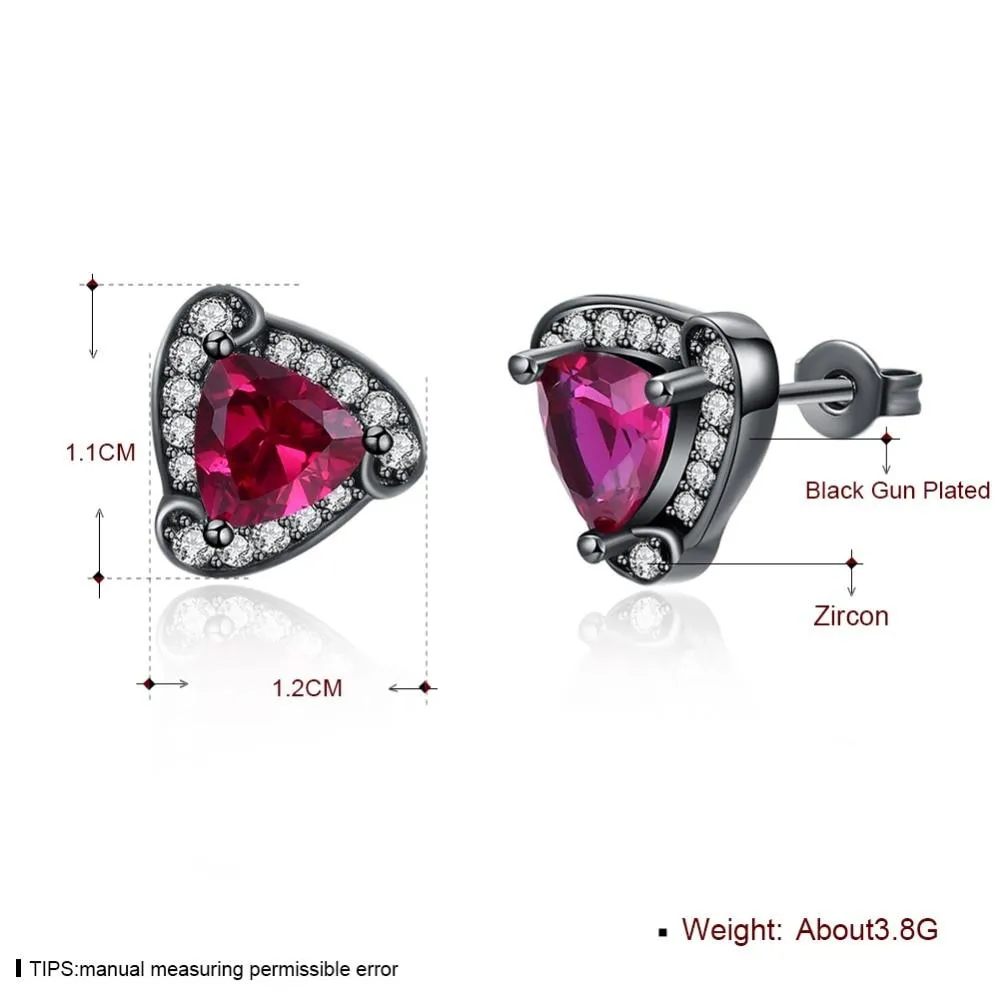 Triangle Design Red Cubic Zirconia Stud Earrings For Women Black Gun Color Party Accessories Gifts for Her