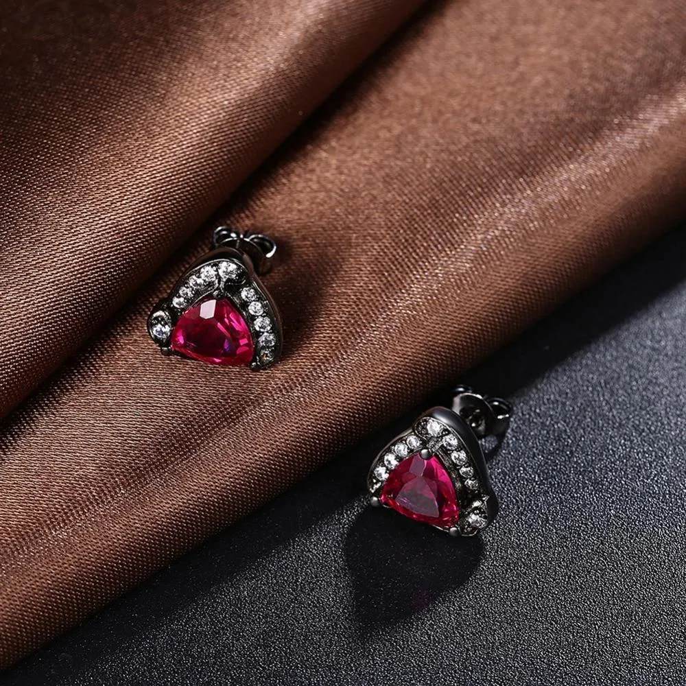 Triangle Design Red Cubic Zirconia Stud Earrings For Women Black Gun Color Party Accessories Gifts for Her