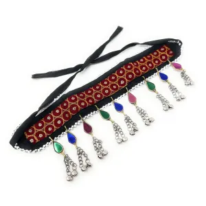 Tribal Turkman Afghan Kuchi Womens Handmade Fabric Headband with Bells and Multicolor Stones Ertuğrul Halima Turkish Style  - Dandiya Party Belly Dancing - Duel On Jewel
