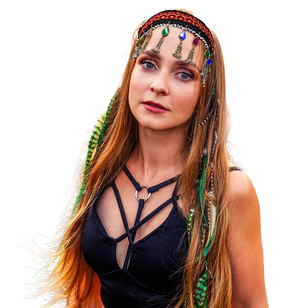 Tribal Turkman Afghan Kuchi Womens Handmade Fabric Headband with Bells and Multicolor Stones Ertuğrul Halima Turkish Style  - Dandiya Party Belly Dancing - Duel On Jewel