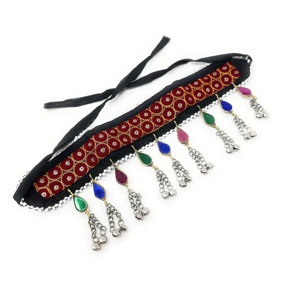 Tribal Turkman Afghan Kuchi Womens Handmade Fabric Headband with Bells and Multicolor Stones Ertuğrul Halima Turkish Style  - Dandiya Party Belly Dancing - Duel On Jewel