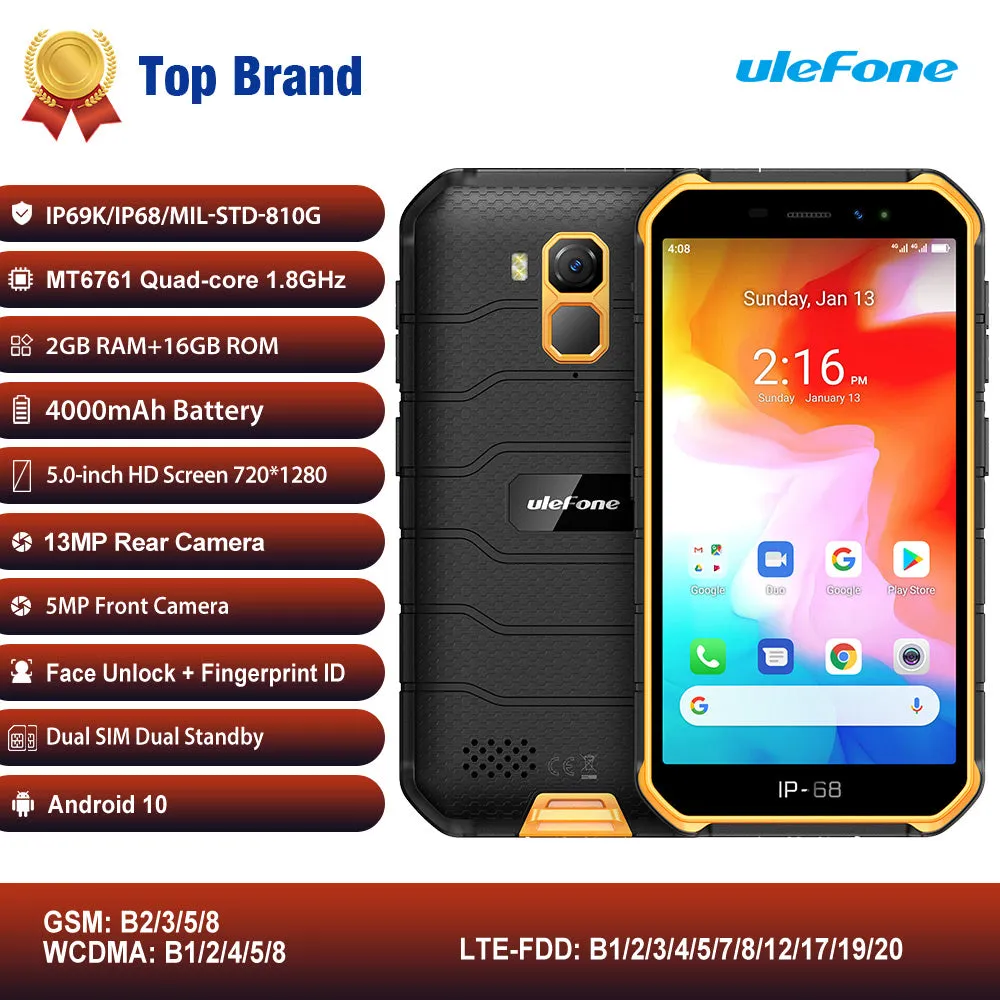 Ulefone Armor X7 5.0-inch Android10 Rugged Waterproof Smartphone Cell Phone 2GB 16GB ip68 Quad-core NFC 4G LTE Mobile Phone black_Non-European version