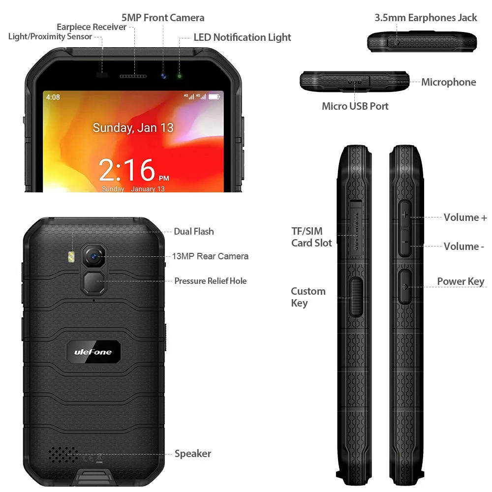 Ulefone Armor X7 5.0-inch Android10 Rugged Waterproof Smartphone Cell Phone 2GB 16GB ip68 Quad-core NFC 4G LTE Mobile Phone black_Non-European version