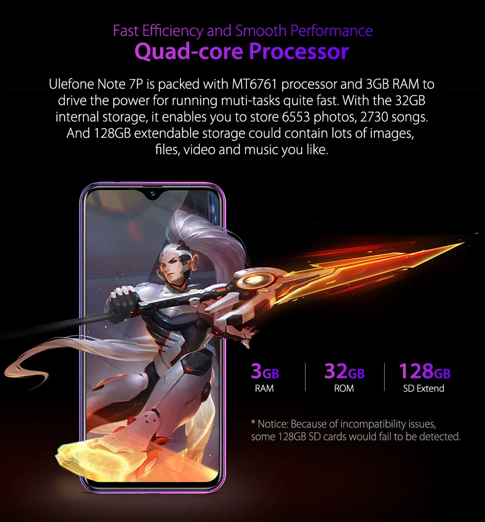 ULEFONE NOTE 7P Quad-core 64-bit 2.0GHz Mobile Phone 6.1-inch HD- in Cell Phone black