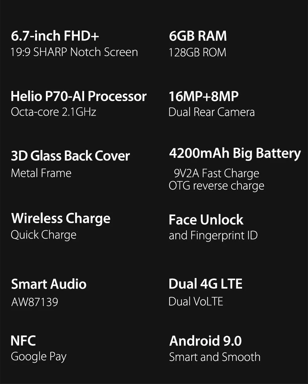 Ulefone T2 Smartphone Android 9.0 Dual 4G Cell Phone 6GB 128GB NFC Octa-core Helio P70 4200mAh 6.7"" FHD  Mobile Phone Android blue