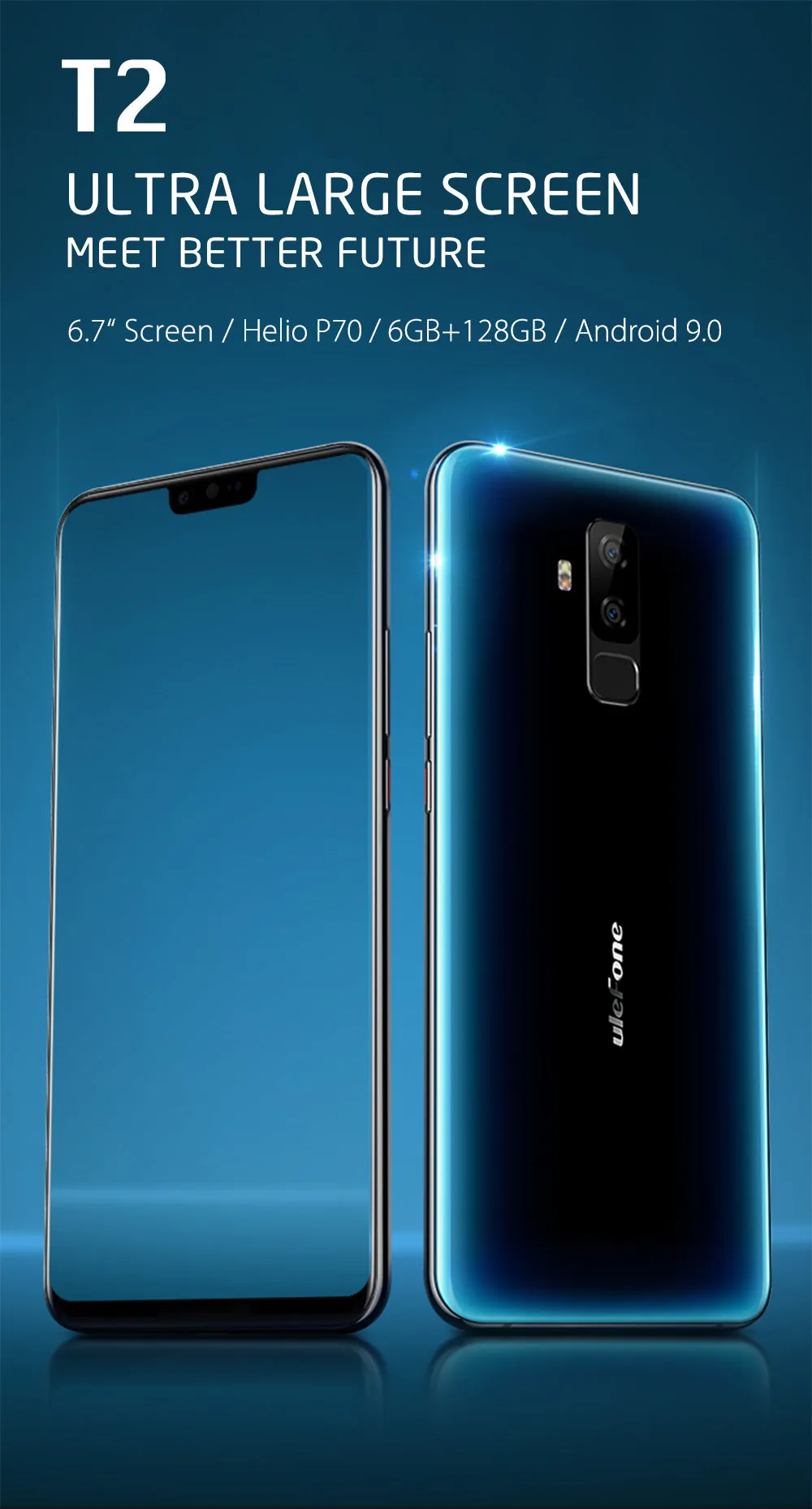 Ulefone T2 Smartphone Android 9.0 Dual 4G Cell Phone 6GB 128GB NFC Octa-core Helio P70 4200mAh 6.7"" FHD  Mobile Phone Android blue
