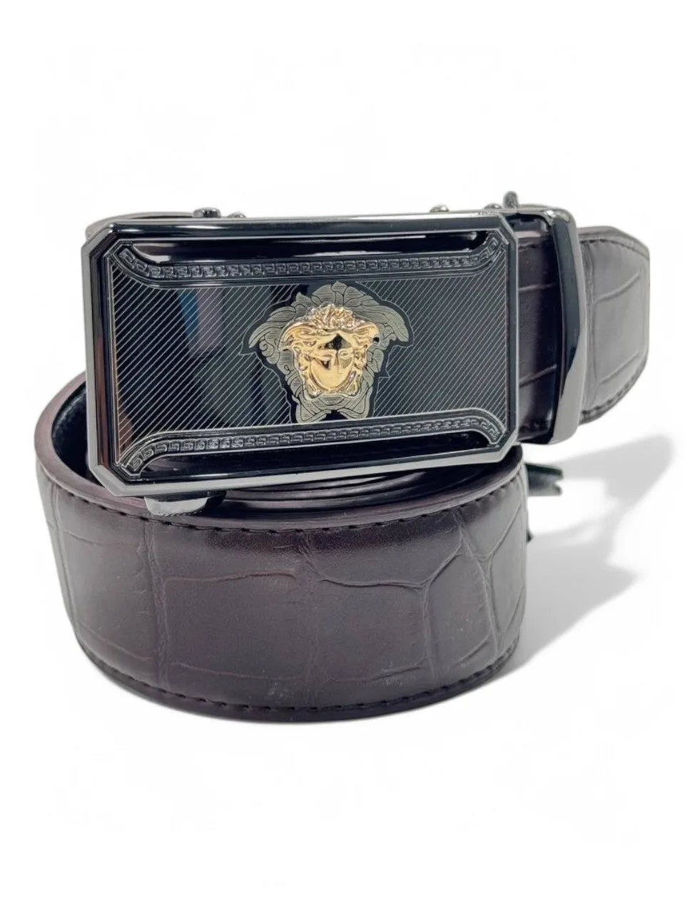 Versace Black Croc-Embossed Leather Belt – Gold Medusa Plaque Buckle