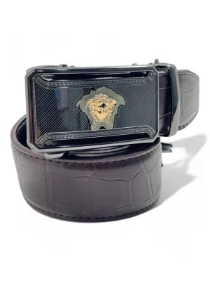 Versace Black Croc-Embossed Leather Belt – Gold Medusa Plaque Buckle